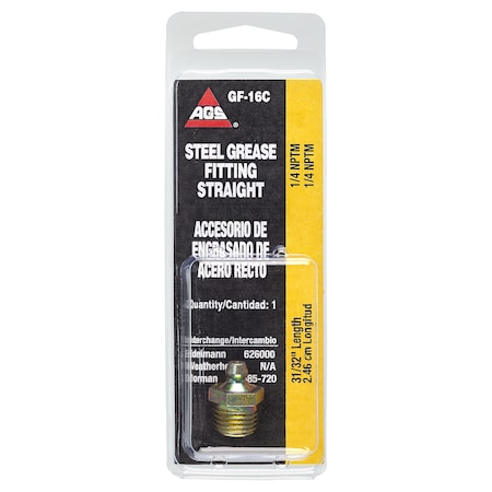 Ags Steel Straight Grease Fitting, 31/32 Length, Male (1/4-18 NPT), 1/card GF-16C
